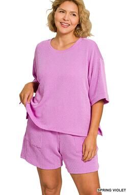 Zenana raised rib tee & short 2-piece set- spring violet